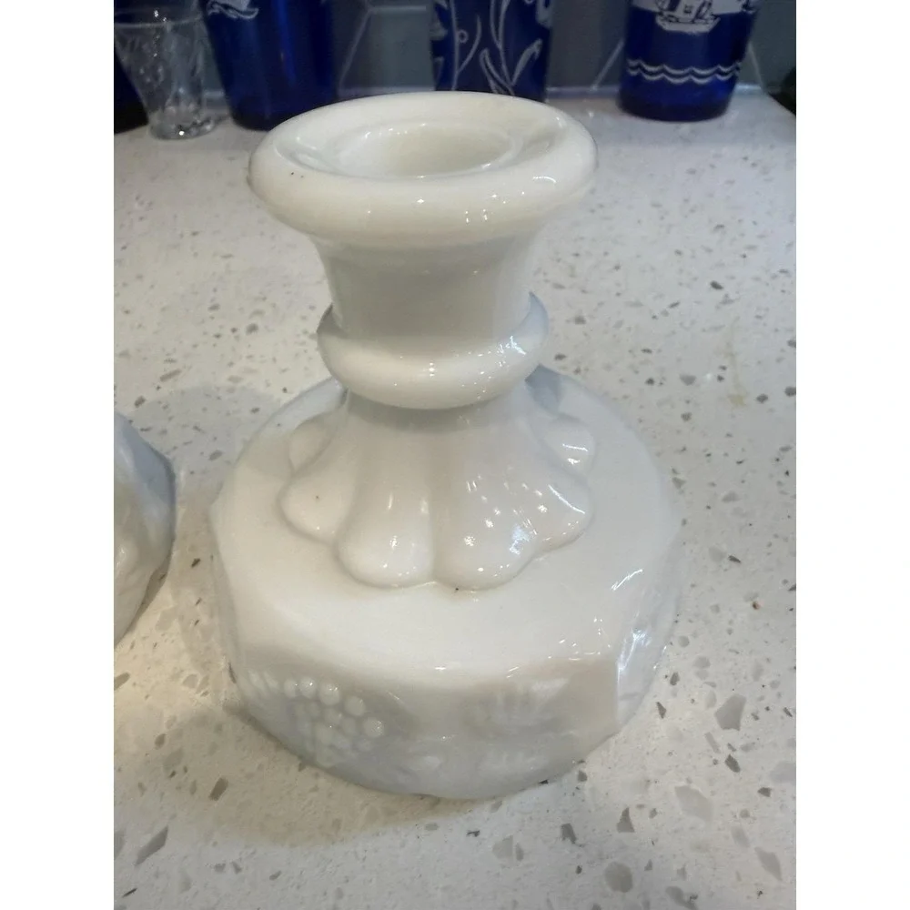Westmoreland Paneled Grape Milk Glass Pair Of Candle Stick Holders  Mid Century